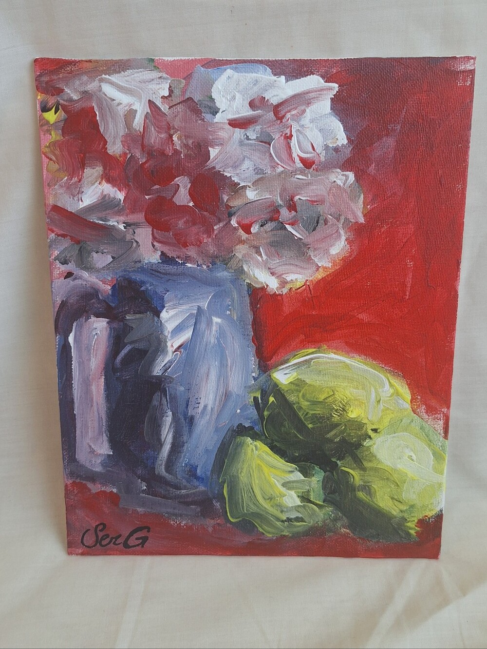 Lemons and flower vase colorful expressionist 8x10 canvas board